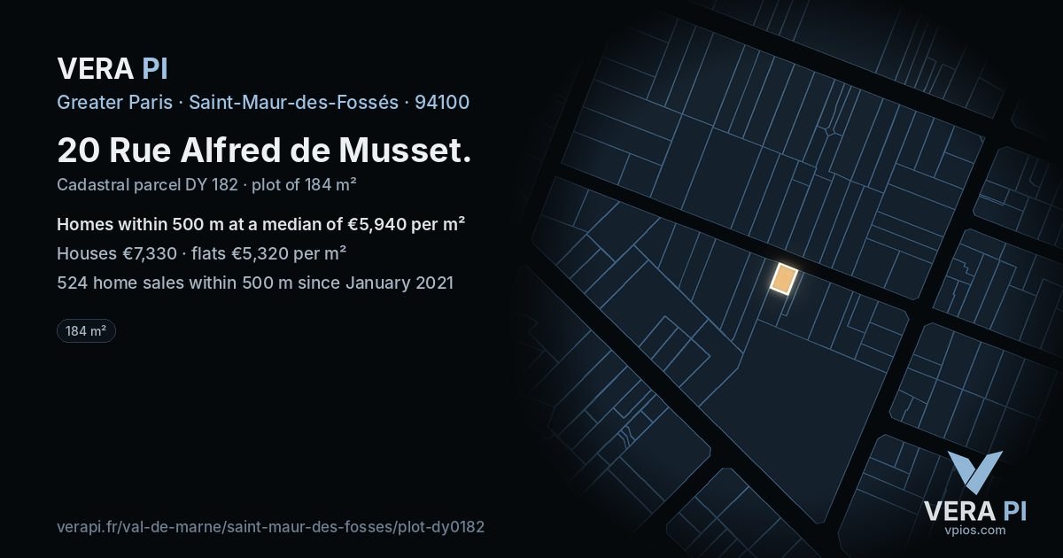 20 Rue Alfred de Musset, Saint-Maur-des-Fossés at night – the plot lit, the parcels around coloured by the prices near them