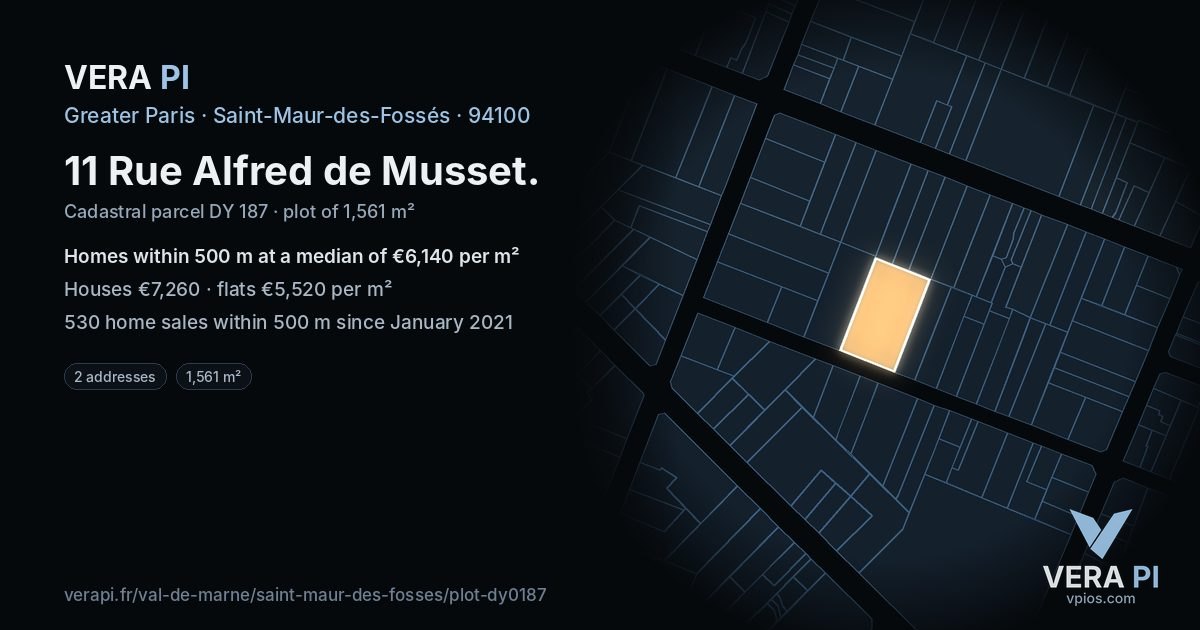 11 Rue Alfred de Musset, Saint-Maur-des-Fossés at night – the plot lit, the parcels around coloured by the prices near them