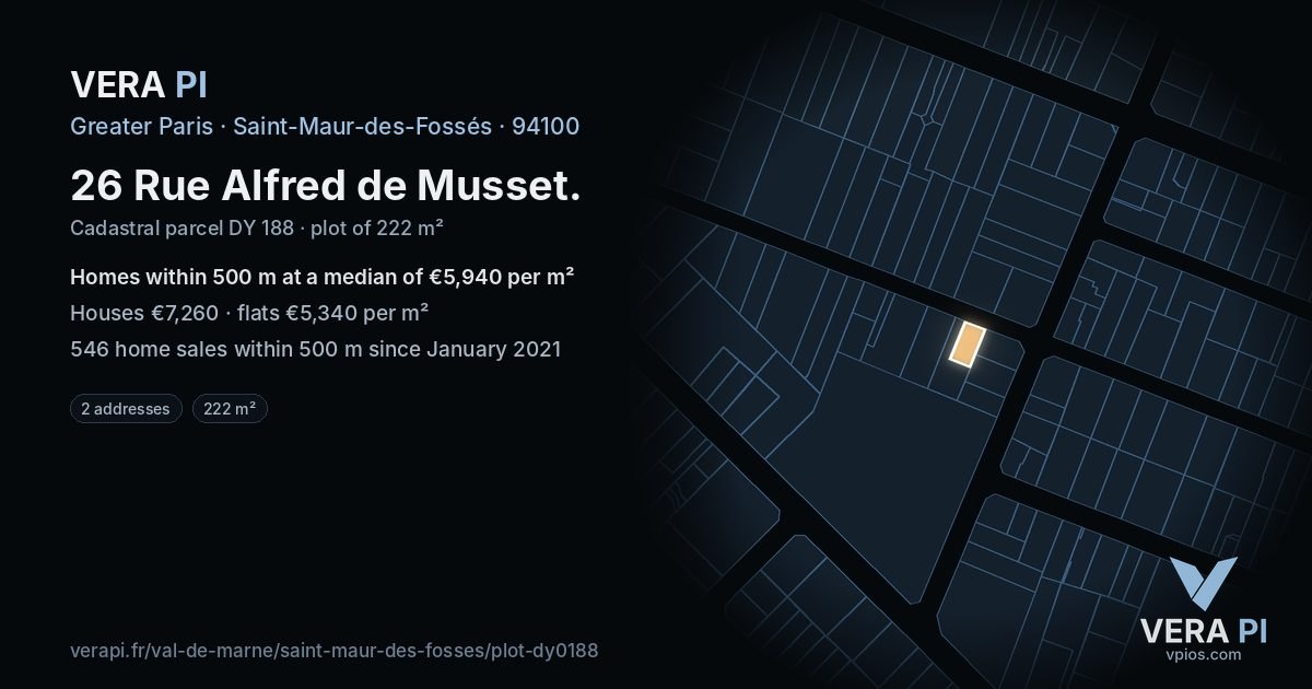 26 Rue Alfred de Musset, Saint-Maur-des-Fossés at night – the plot lit, the parcels around coloured by the prices near them