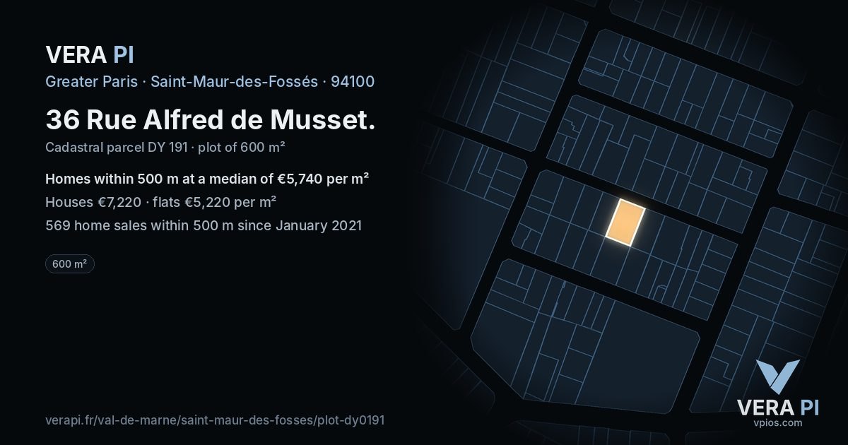 36 Rue Alfred de Musset, Saint-Maur-des-Fossés at night – the plot lit, the parcels around coloured by the prices near them