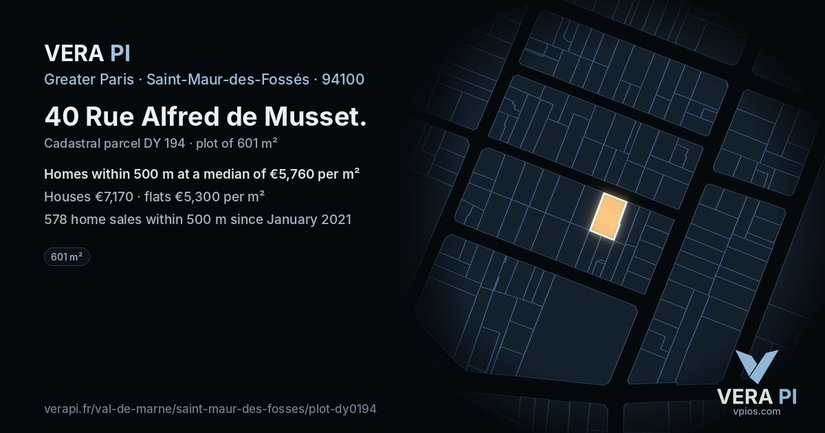 40 Rue Alfred de Musset, Saint-Maur-des-Fossés at night – the plot lit, the parcels around coloured by the prices near them