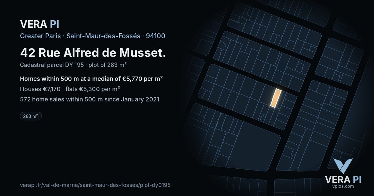 42 Rue Alfred de Musset, Saint-Maur-des-Fossés at night – the plot lit, the parcels around coloured by the prices near them