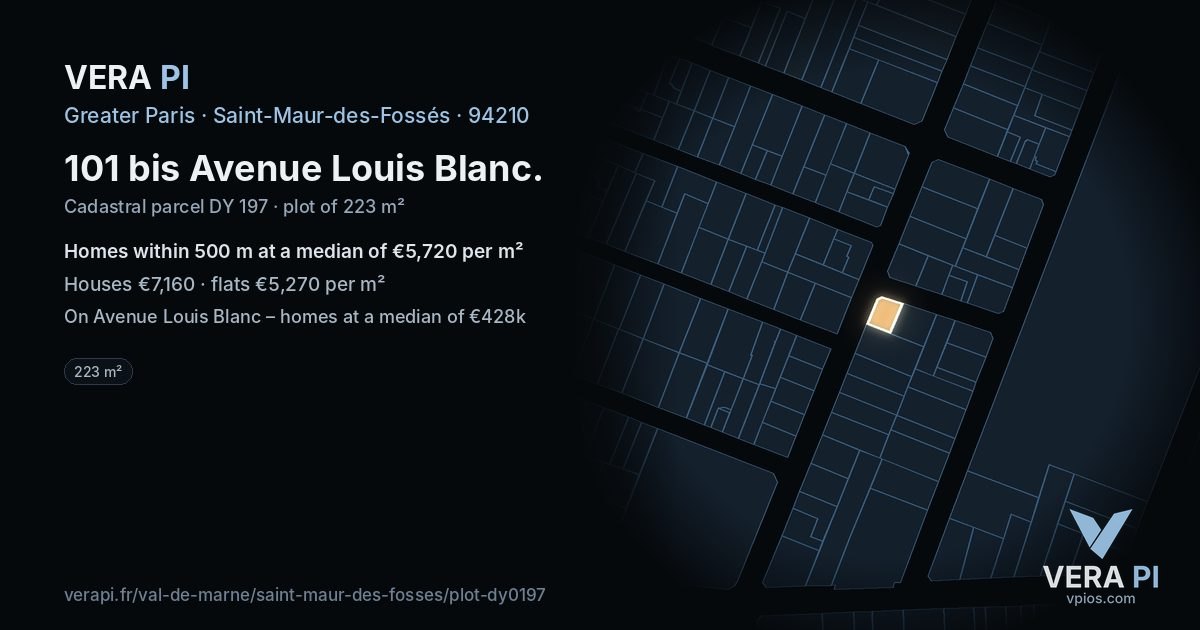 101 bis Avenue Louis Blanc, Saint-Maur-des-Fossés at night – the plot lit, the parcels around coloured by the prices near them