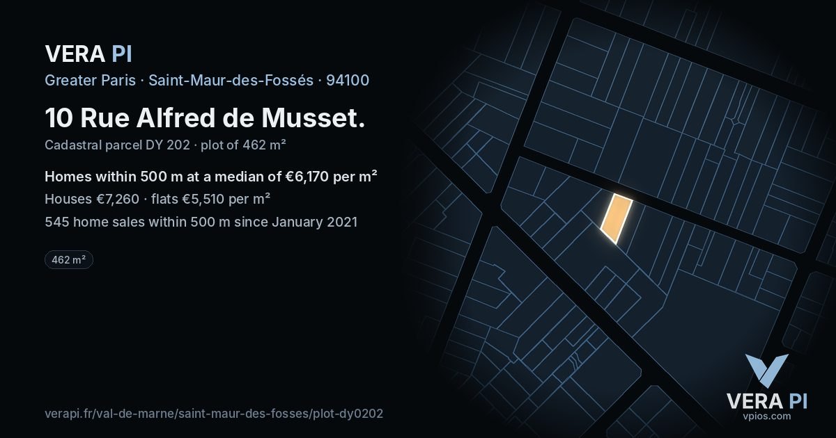 10 Rue Alfred de Musset, Saint-Maur-des-Fossés at night – the plot lit, the parcels around coloured by the prices near them