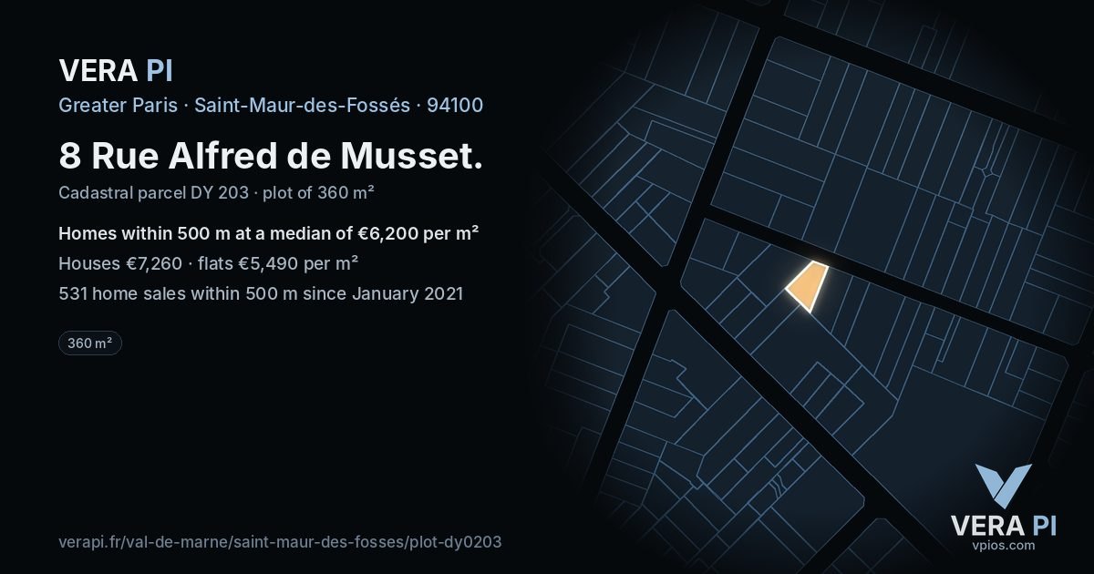 8 Rue Alfred de Musset, Saint-Maur-des-Fossés at night – the plot lit, the parcels around coloured by the prices near them