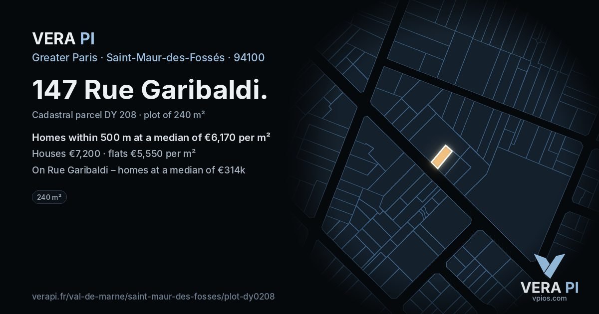 147 Rue Garibaldi, Saint-Maur-des-Fossés at night – the plot lit, the parcels around coloured by the prices near them