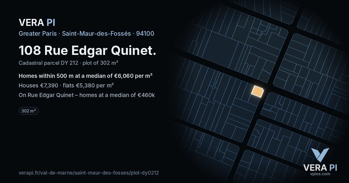 108 Rue Edgar Quinet, Saint-Maur-des-Fossés at night – the plot lit, the parcels around coloured by the prices near them