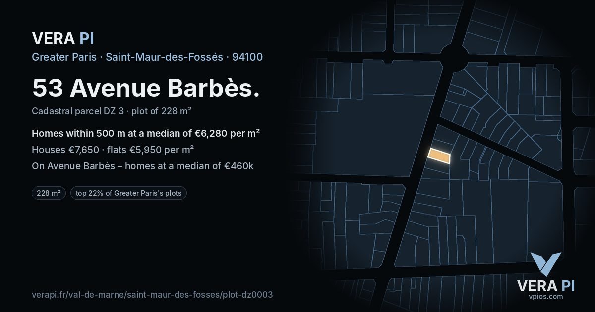 53 Avenue Barbès, Saint-Maur-des-Fossés at night – the plot lit, the parcels around coloured by the prices near them