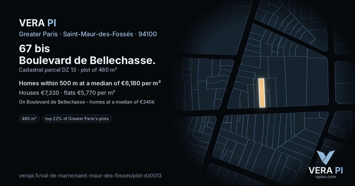 67 bis Boulevard de Bellechasse, Saint-Maur-des-Fossés at night – the plot lit, the parcels around coloured by the prices near them
