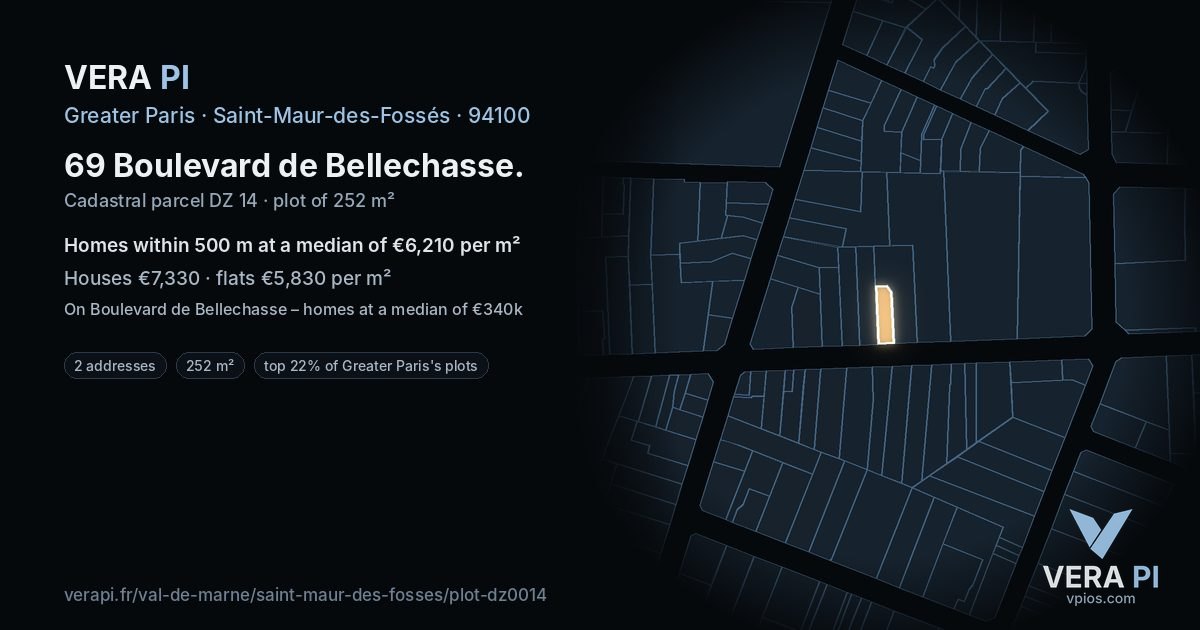 69 Boulevard de Bellechasse, Saint-Maur-des-Fossés at night – the plot lit, the parcels around coloured by the prices near them