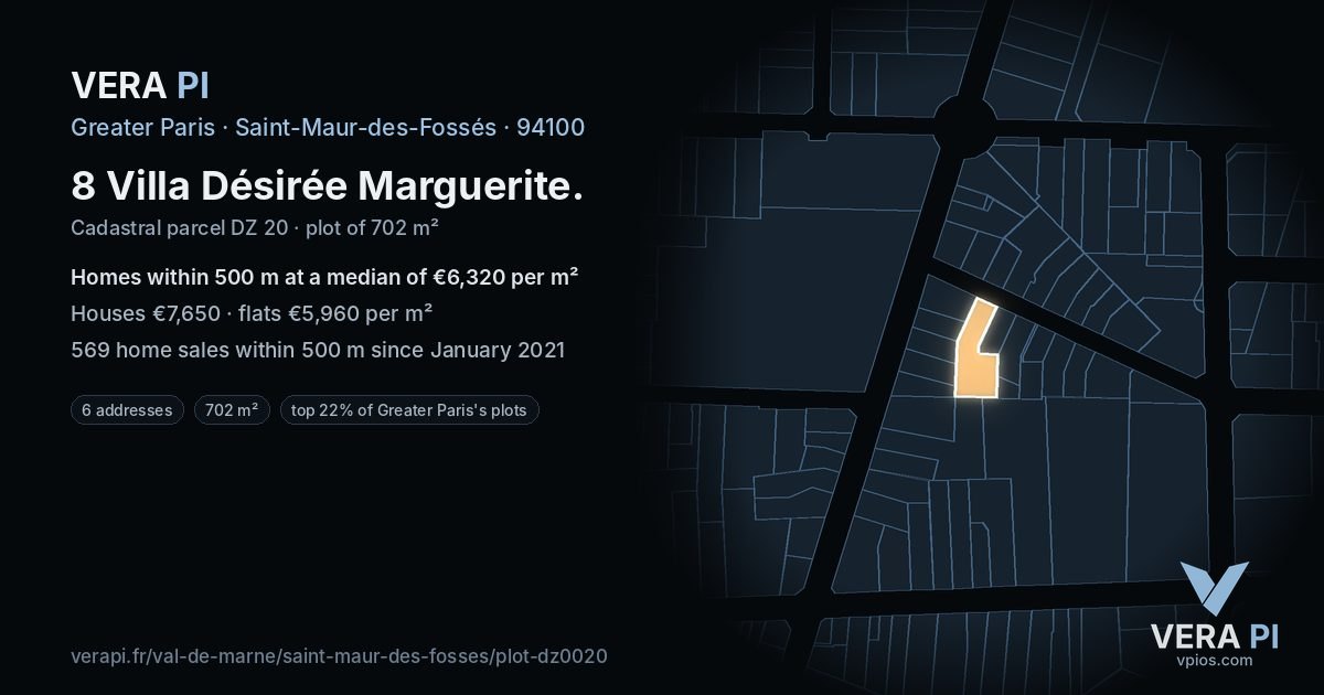 8 Villa Désirée Marguerite, Saint-Maur-des-Fossés at night – the plot lit, the parcels around coloured by the prices near them