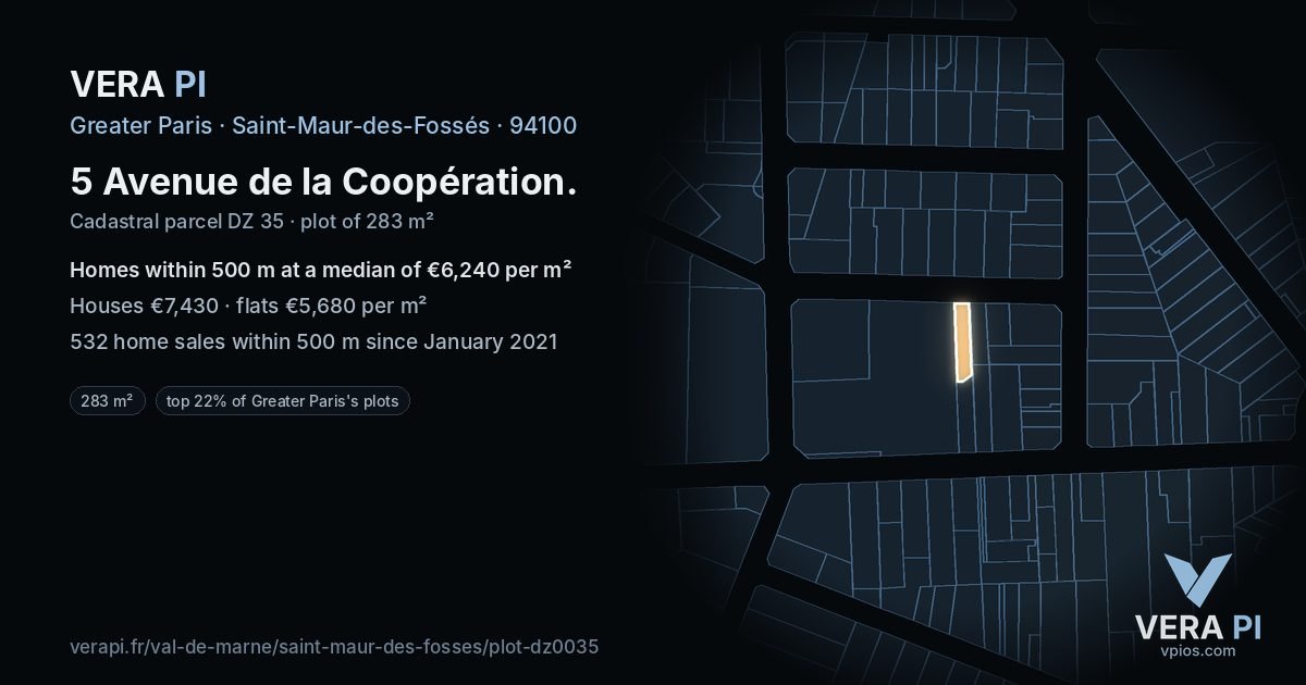 5 Avenue de la Coopération, Saint-Maur-des-Fossés at night – the plot lit, the parcels around coloured by the prices near them