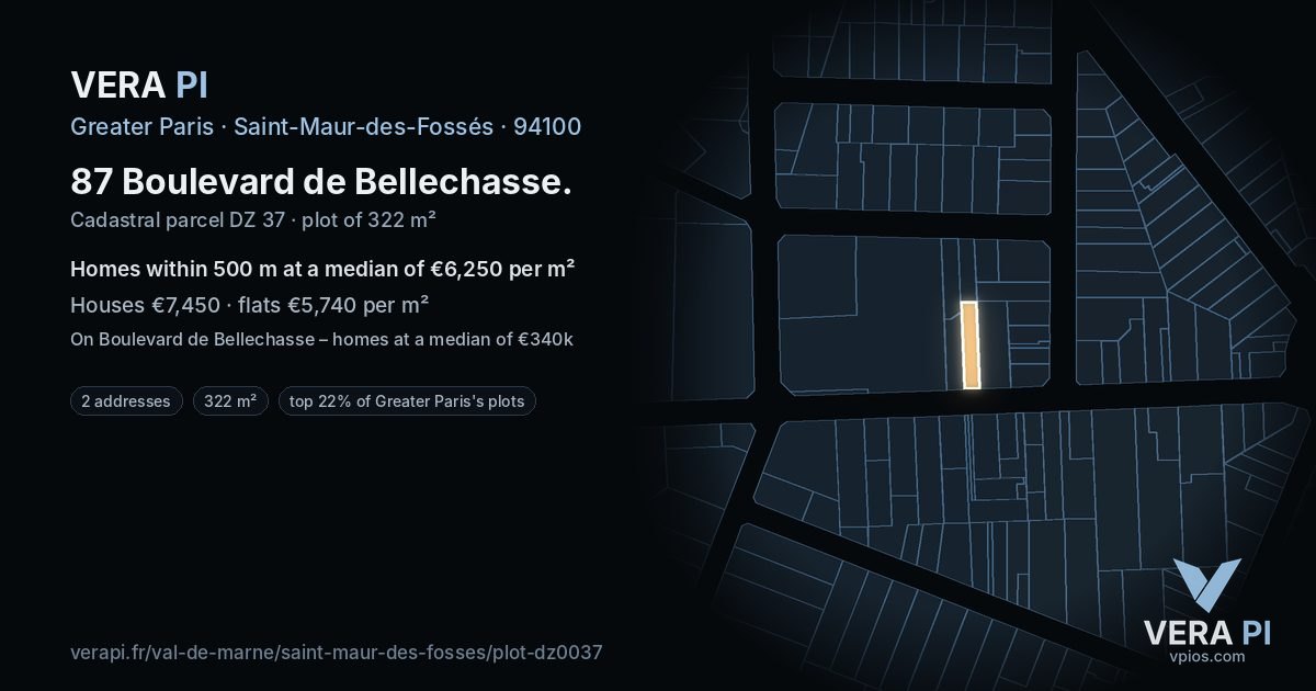 87 Boulevard de Bellechasse, Saint-Maur-des-Fossés at night – the plot lit, the parcels around coloured by the prices near them