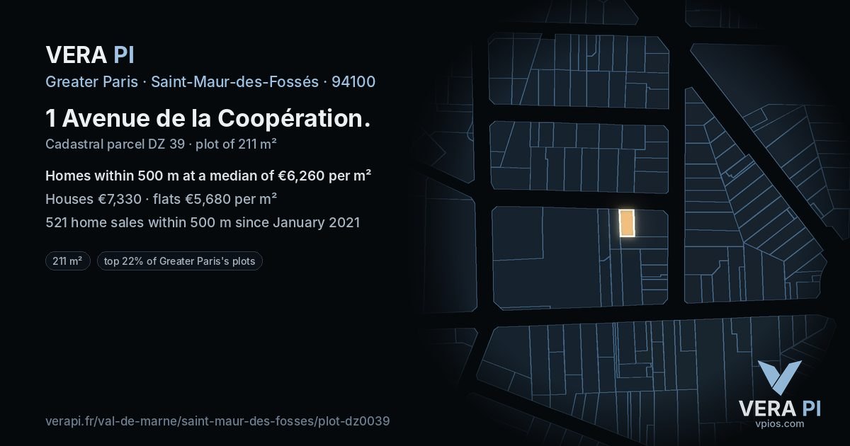 1 Avenue de la Coopération, Saint-Maur-des-Fossés at night – the plot lit, the parcels around coloured by the prices near them