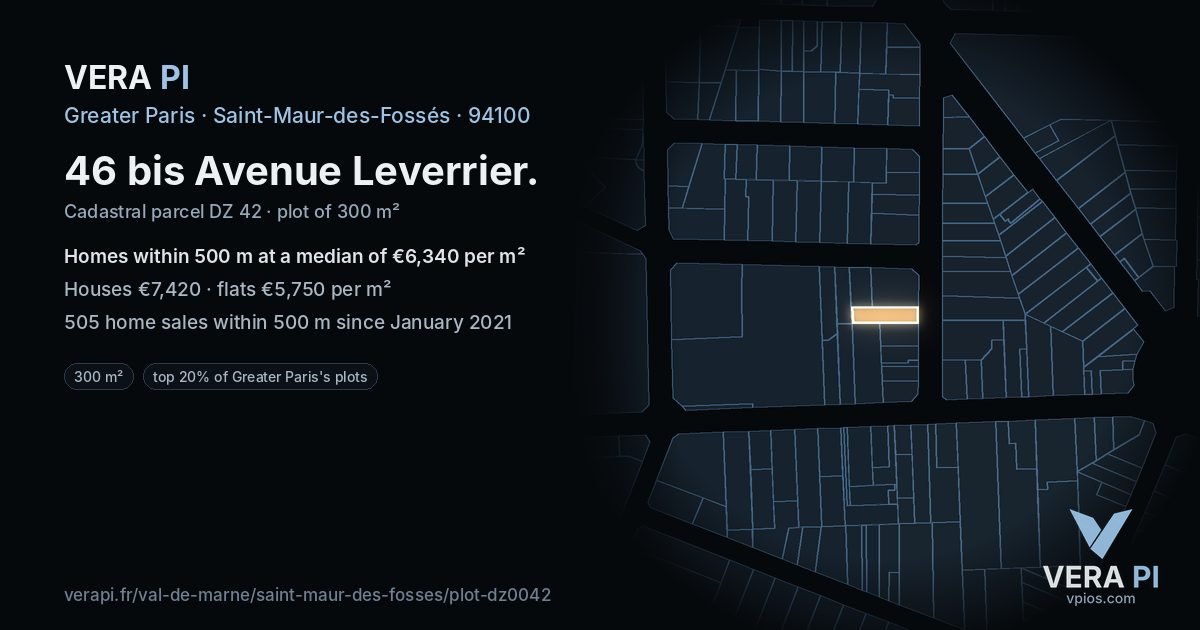 46 bis Avenue Leverrier, Saint-Maur-des-Fossés at night – the plot lit, the parcels around coloured by the prices near them