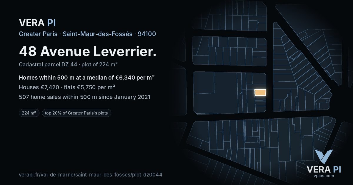 48 Avenue Leverrier, Saint-Maur-des-Fossés at night – the plot lit, the parcels around coloured by the prices near them