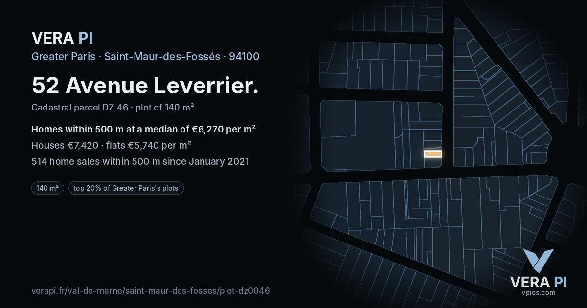 52 Avenue Leverrier, Saint-Maur-des-Fossés at night – the plot lit, the parcels around coloured by the prices near them