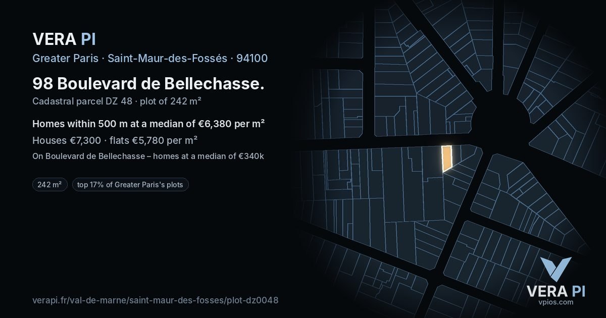 98 Boulevard de Bellechasse, Saint-Maur-des-Fossés at night – the plot lit, the parcels around coloured by the prices near them