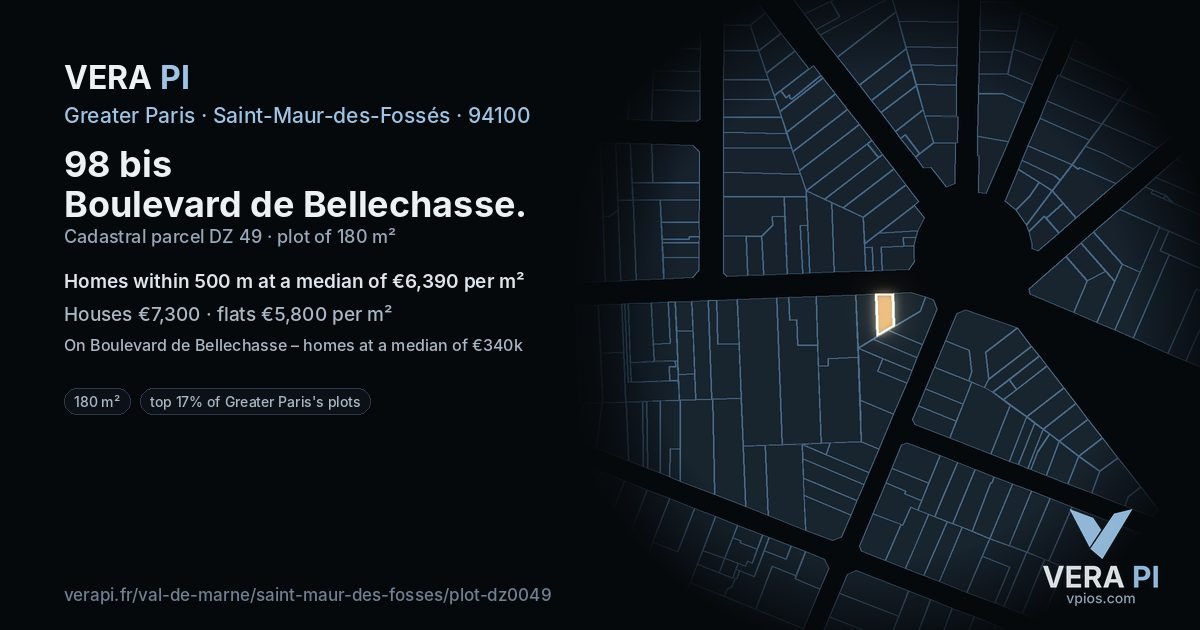98 bis Boulevard de Bellechasse, Saint-Maur-des-Fossés at night – the plot lit, the parcels around coloured by the prices near them