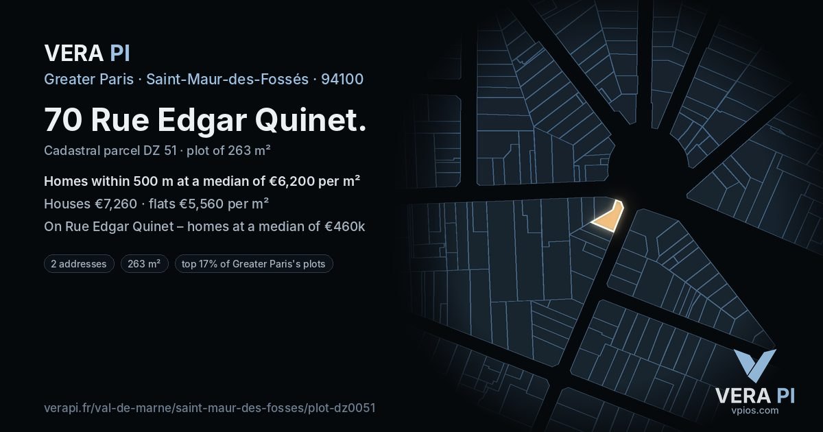 70 Rue Edgar Quinet, Saint-Maur-des-Fossés at night – the plot lit, the parcels around coloured by the prices near them