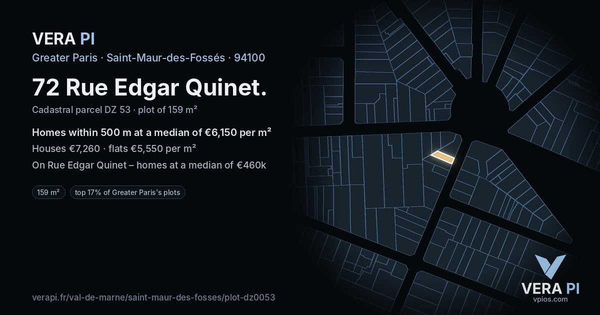 72 Rue Edgar Quinet, Saint-Maur-des-Fossés at night – the plot lit, the parcels around coloured by the prices near them