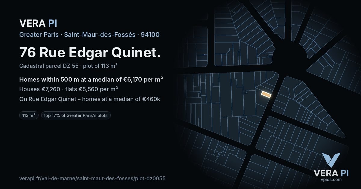 76 Rue Edgar Quinet, Saint-Maur-des-Fossés at night – the plot lit, the parcels around coloured by the prices near them