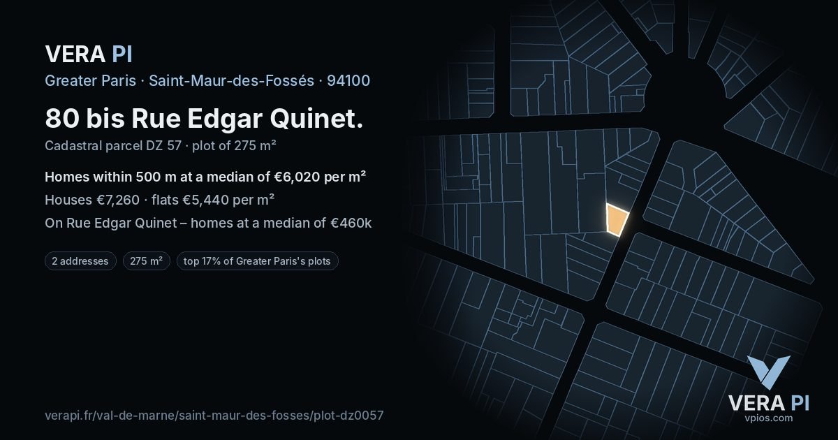 80 bis Rue Edgar Quinet, Saint-Maur-des-Fossés at night – the plot lit, the parcels around coloured by the prices near them