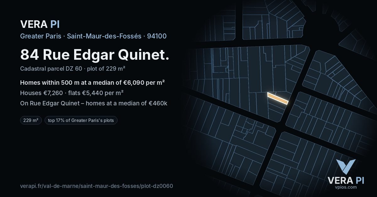 84 Rue Edgar Quinet, Saint-Maur-des-Fossés at night – the plot lit, the parcels around coloured by the prices near them