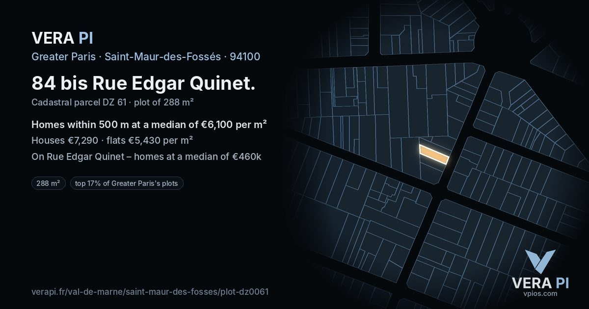 84 bis Rue Edgar Quinet, Saint-Maur-des-Fossés at night – the plot lit, the parcels around coloured by the prices near them