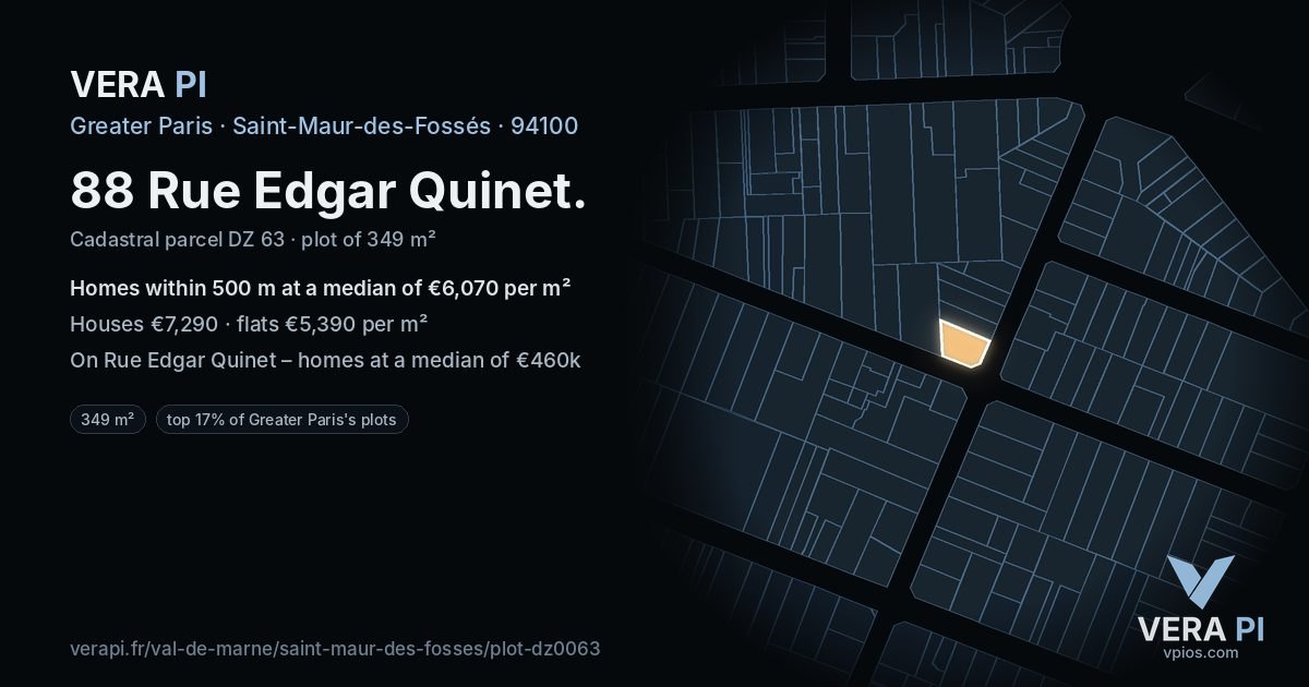 88 Rue Edgar Quinet, Saint-Maur-des-Fossés at night – the plot lit, the parcels around coloured by the prices near them