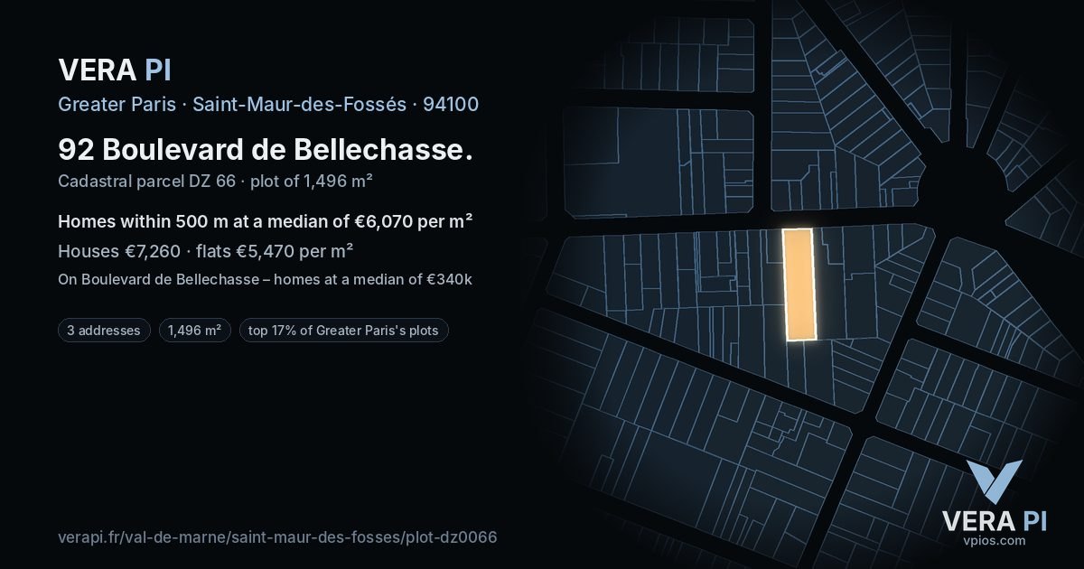 92 Boulevard de Bellechasse, Saint-Maur-des-Fossés at night – the plot lit, the parcels around coloured by the prices near them