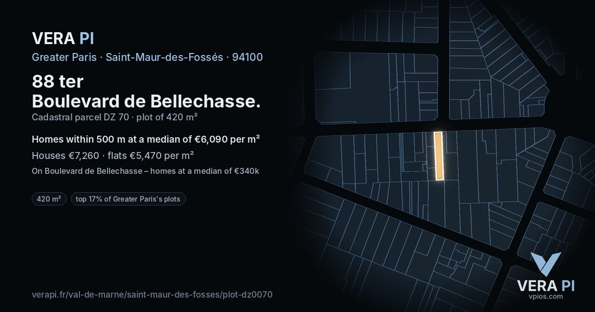 88 ter Boulevard de Bellechasse, Saint-Maur-des-Fossés at night – the plot lit, the parcels around coloured by the prices near them