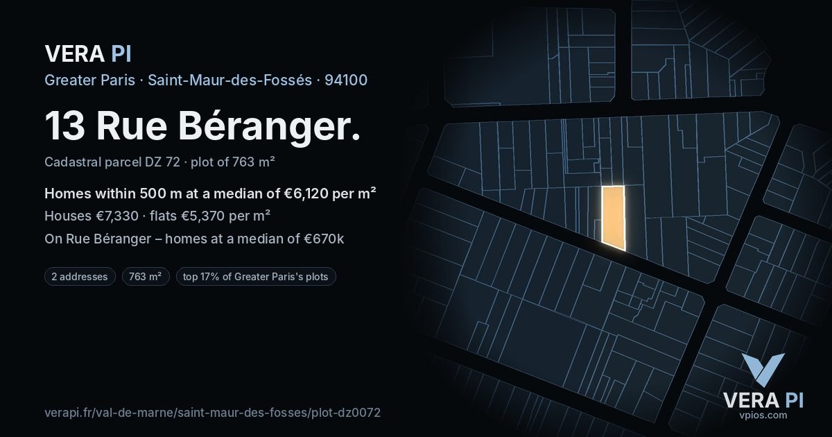 13 Rue Béranger, Saint-Maur-des-Fossés at night – the plot lit, the parcels around coloured by the prices near them