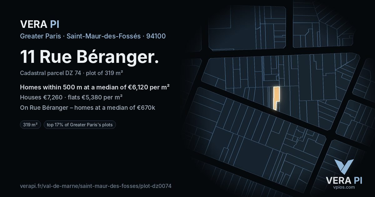 11 Rue Béranger, Saint-Maur-des-Fossés at night – the plot lit, the parcels around coloured by the prices near them