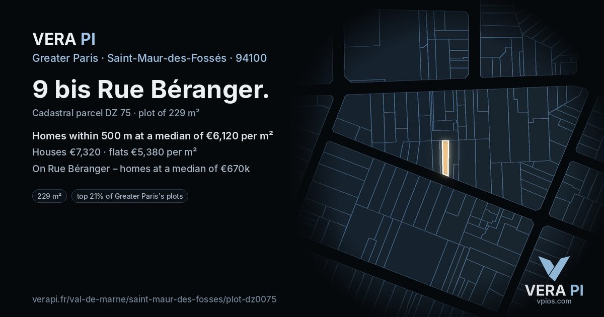 9 bis Rue Béranger, Saint-Maur-des-Fossés at night – the plot lit, the parcels around coloured by the prices near them