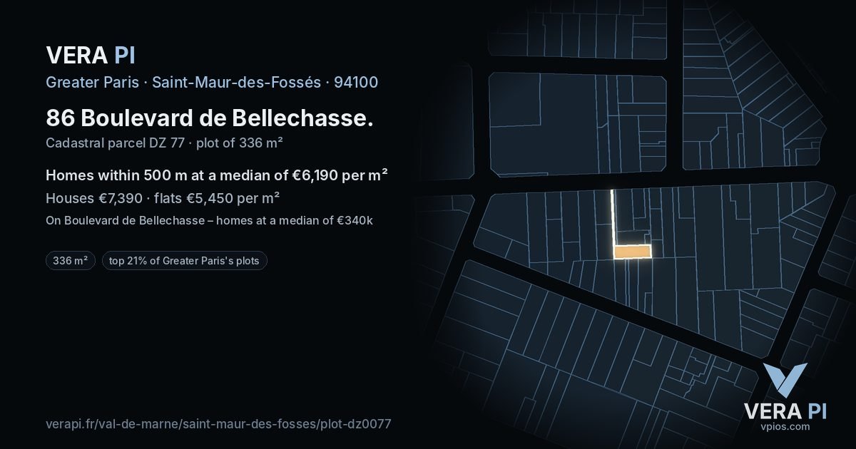 86 Boulevard de Bellechasse, Saint-Maur-des-Fossés at night – the plot lit, the parcels around coloured by the prices near them