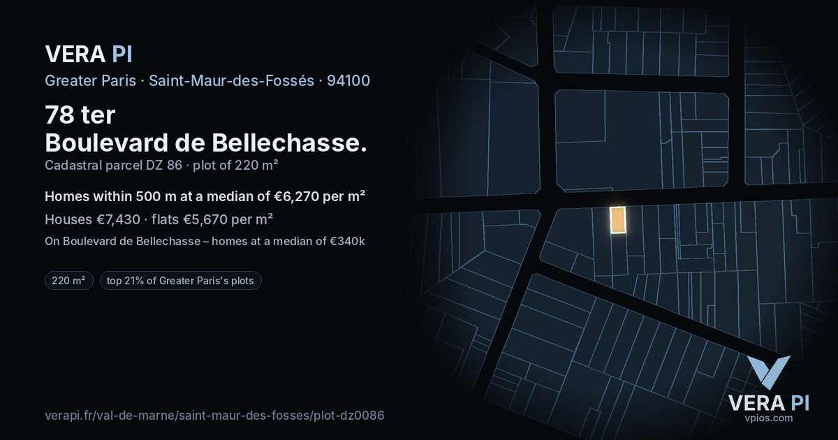 78 ter Boulevard de Bellechasse, Saint-Maur-des-Fossés at night – the plot lit, the parcels around coloured by the prices near them