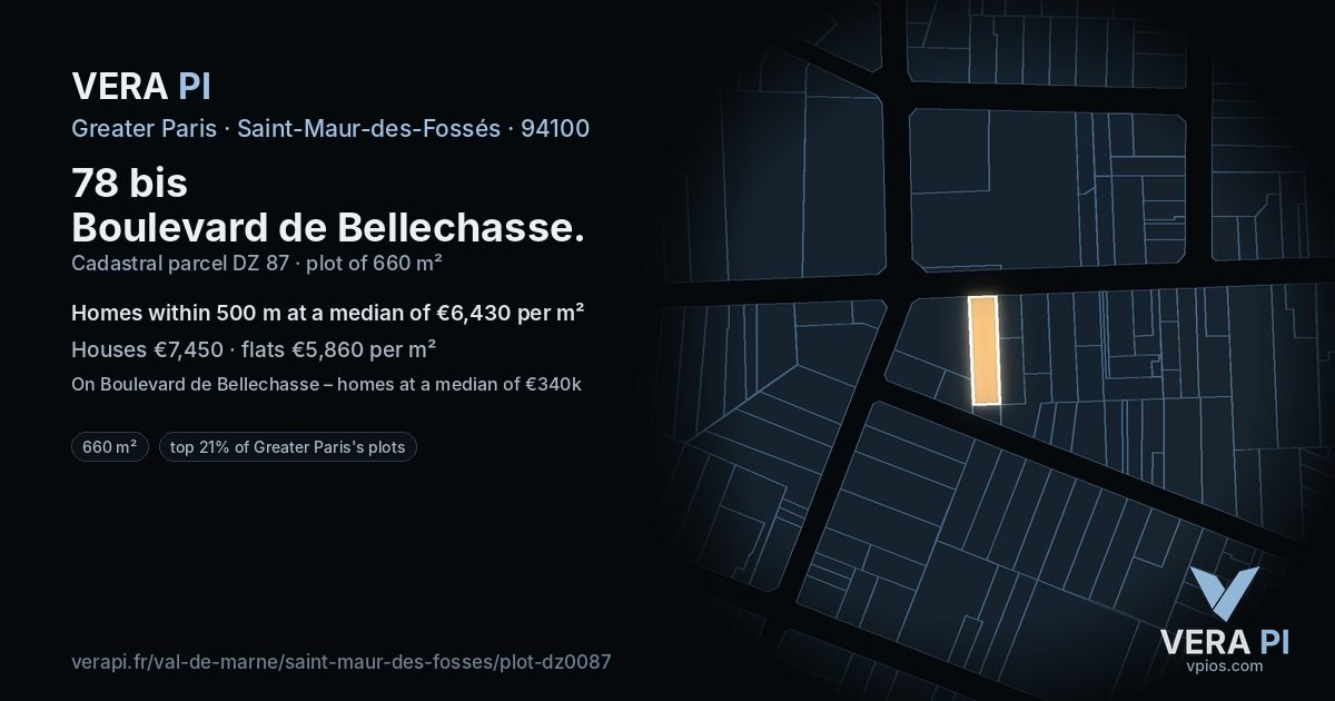 78 bis Boulevard de Bellechasse, Saint-Maur-des-Fossés at night – the plot lit, the parcels around coloured by the prices near them