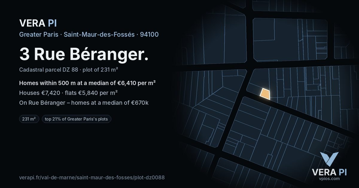 3 Rue Béranger, Saint-Maur-des-Fossés at night – the plot lit, the parcels around coloured by the prices near them