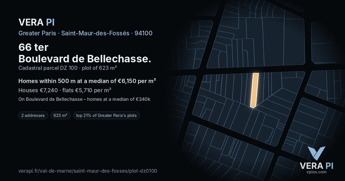 66 ter Boulevard de Bellechasse, Saint-Maur-des-Fossés at night – the plot lit, the parcels around coloured by the prices near them