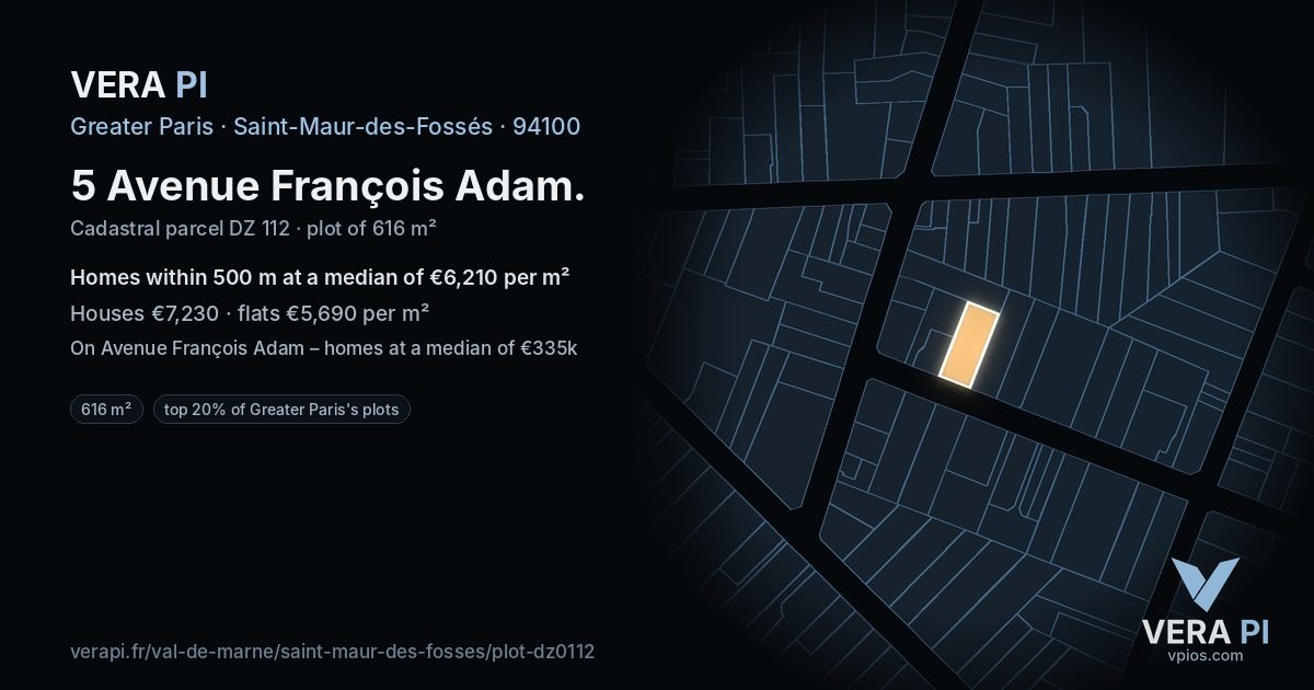 5 Avenue François Adam, Saint-Maur-des-Fossés at night – the plot lit, the parcels around coloured by the prices near them