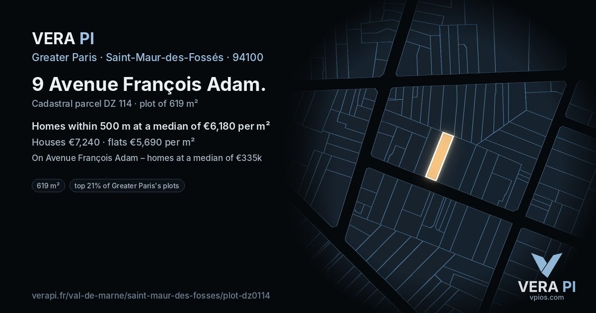 9 Avenue François Adam, Saint-Maur-des-Fossés at night – the plot lit, the parcels around coloured by the prices near them