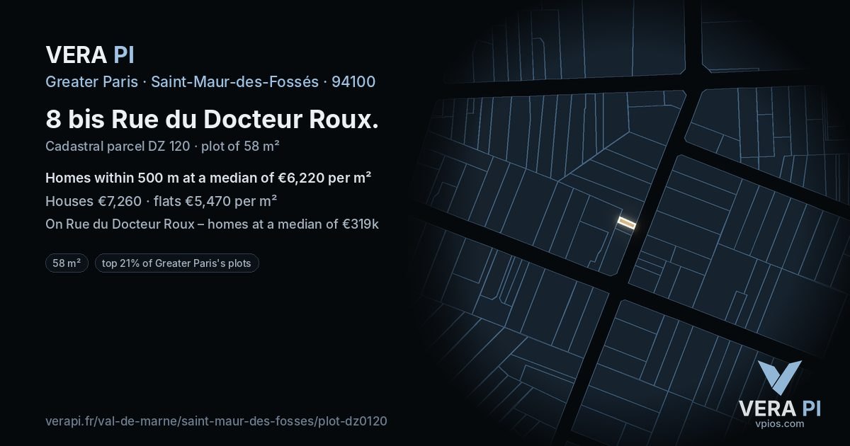 8 bis Rue du Docteur Roux, Saint-Maur-des-Fossés at night – the plot lit, the parcels around coloured by the prices near them