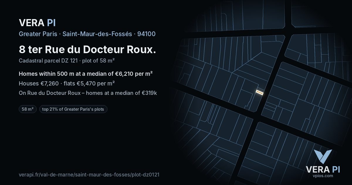 8 ter Rue du Docteur Roux, Saint-Maur-des-Fossés at night – the plot lit, the parcels around coloured by the prices near them