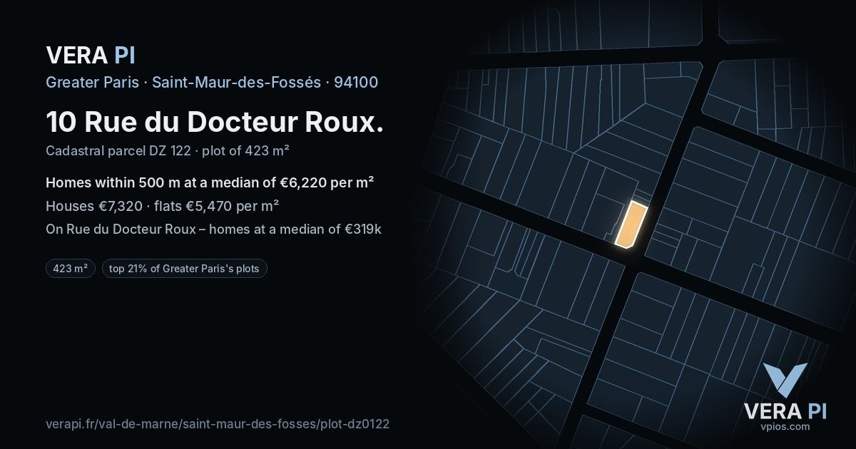 10 Rue du Docteur Roux, Saint-Maur-des-Fossés at night – the plot lit, the parcels around coloured by the prices near them