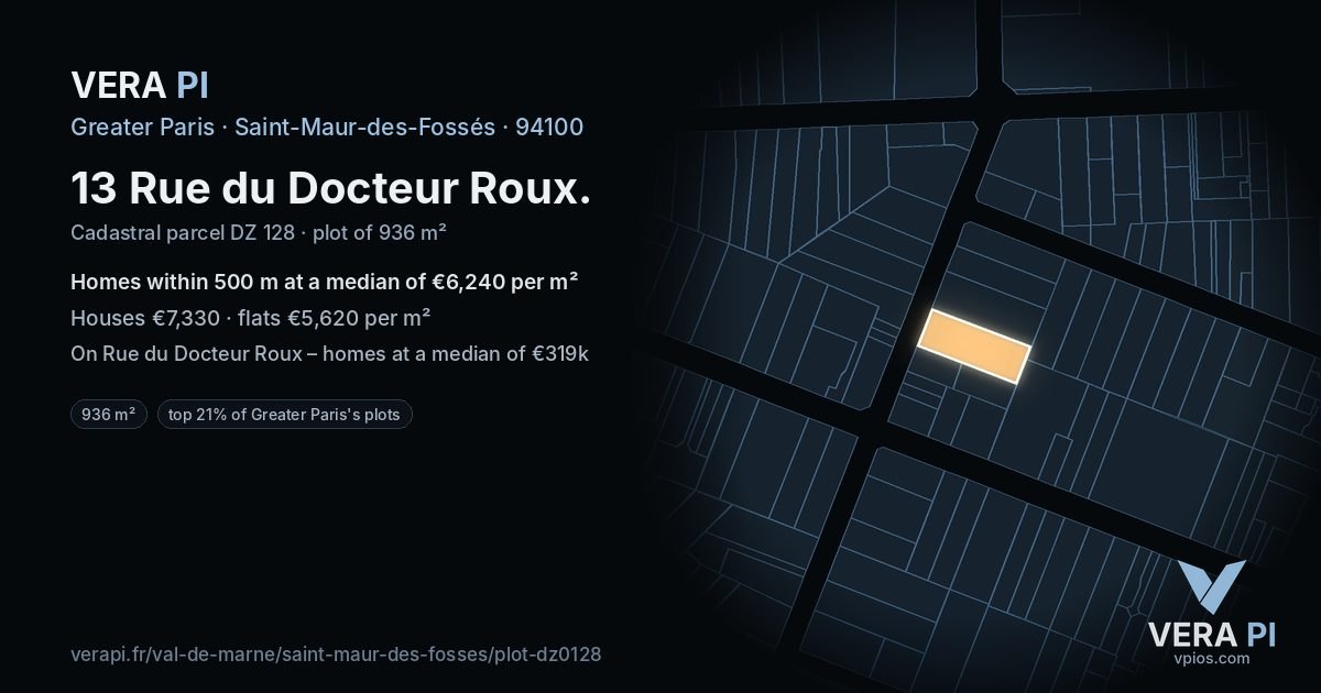 13 Rue du Docteur Roux, Saint-Maur-des-Fossés at night – the plot lit, the parcels around coloured by the prices near them