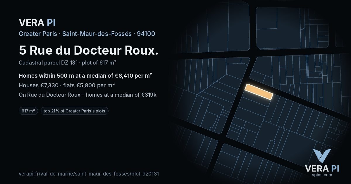 5 Rue du Docteur Roux, Saint-Maur-des-Fossés at night – the plot lit, the parcels around coloured by the prices near them