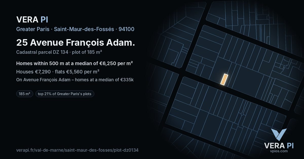 25 Avenue François Adam, Saint-Maur-des-Fossés at night – the plot lit, the parcels around coloured by the prices near them