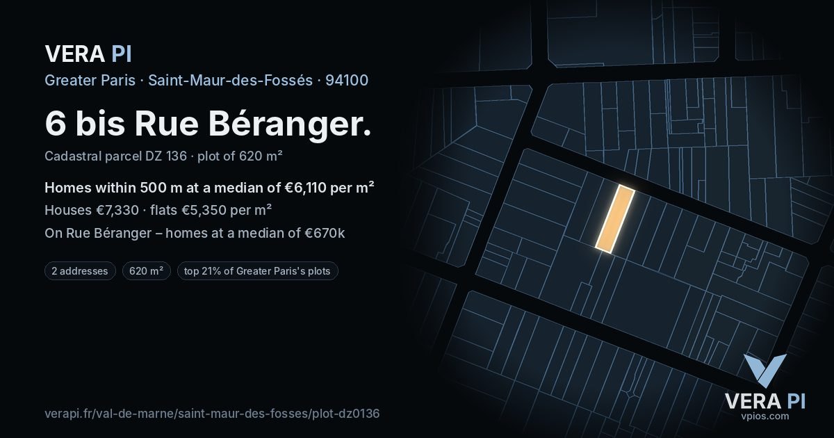 6 bis Rue Béranger, Saint-Maur-des-Fossés at night – the plot lit, the parcels around coloured by the prices near them