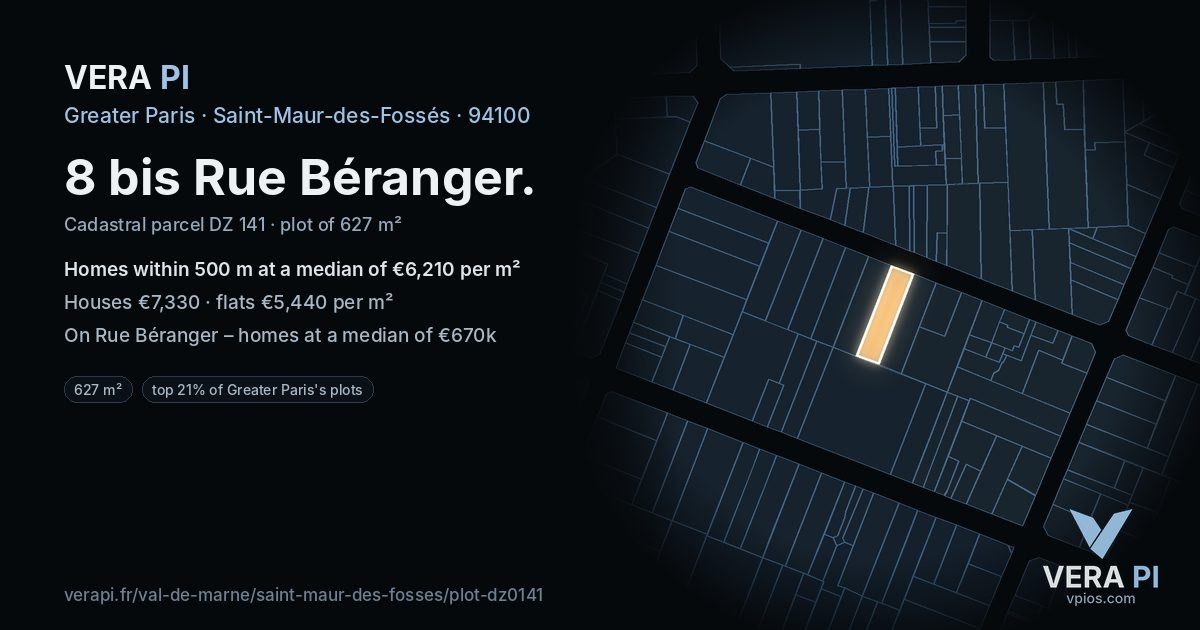 8 bis Rue Béranger, Saint-Maur-des-Fossés at night – the plot lit, the parcels around coloured by the prices near them
